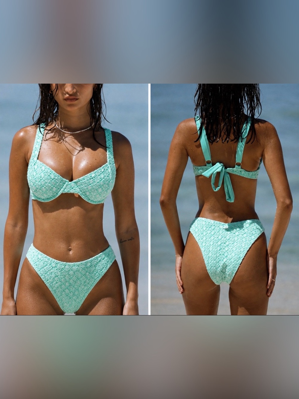 Berlook Swimsuit Ice Blue Lace Cut Out Backless Strappy Bikini TOP M Medium NEW